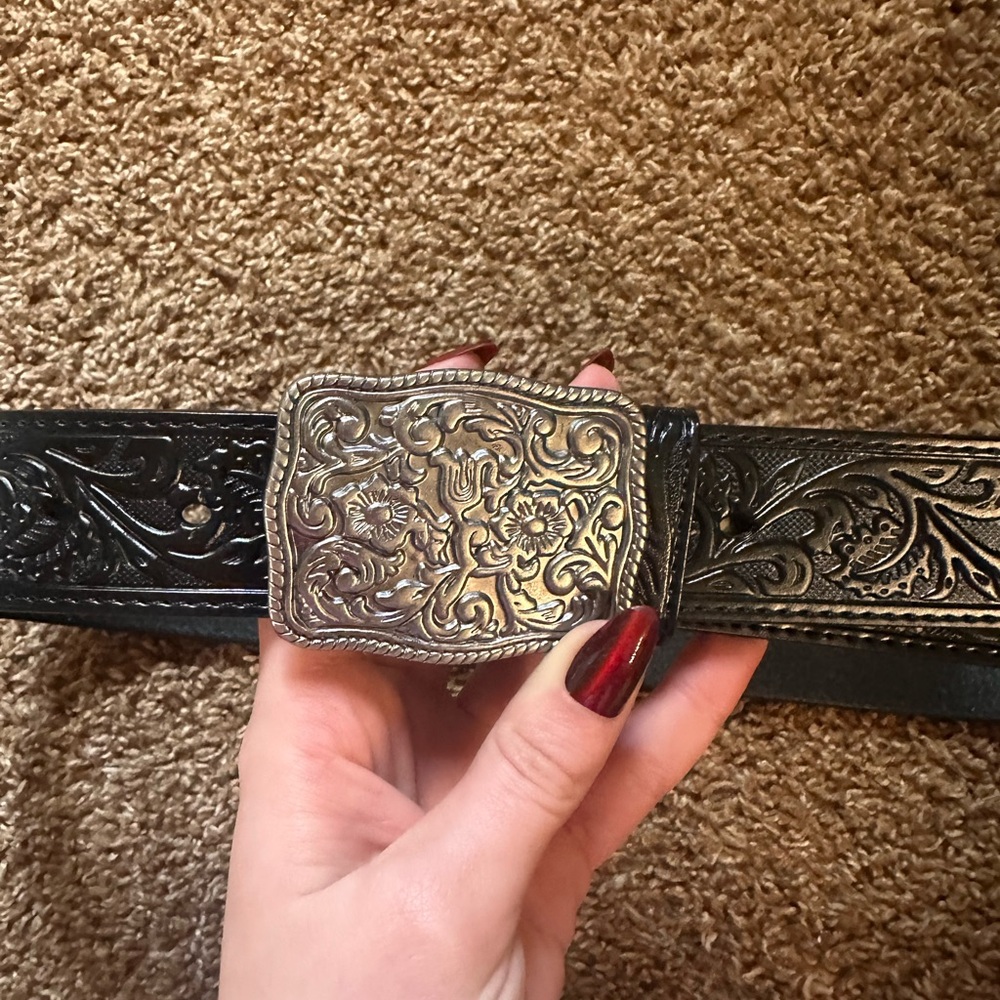 Black Leather Belt with Ornate Silver Buckle